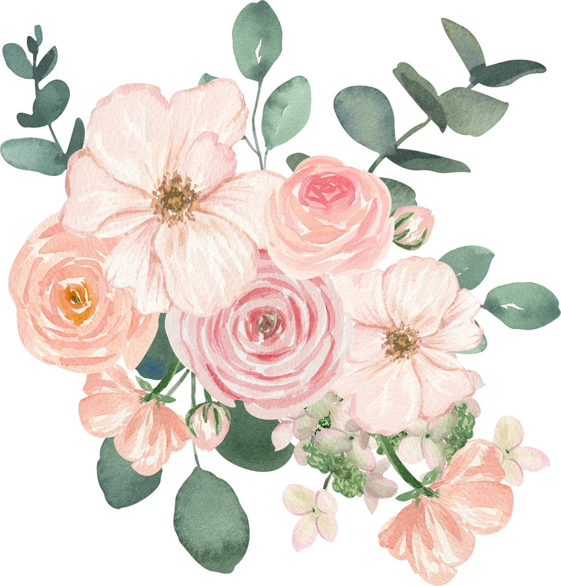 Watercolor blush pink flowers bouquet illustration